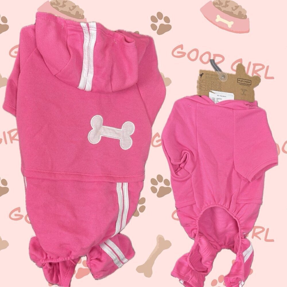 Pup Crew L Pink White Bone Graphic Striped Detail Hoodie Doggy Tracksuit